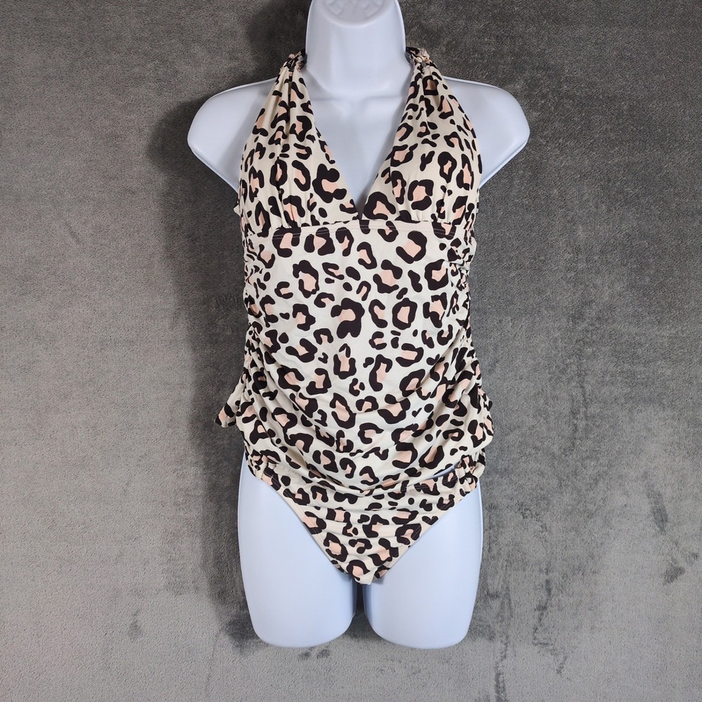 Gibson Latimer Womens Leopard Print Halter Tankini Swimsuit Set Pink Cream Small
